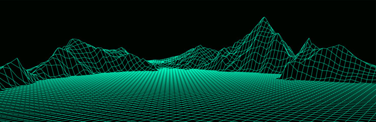 Digital green wireframe landscape. Wireframe terrain polygon landscape design. Digital cyberspace in mountains with valleys. Vector illustration.