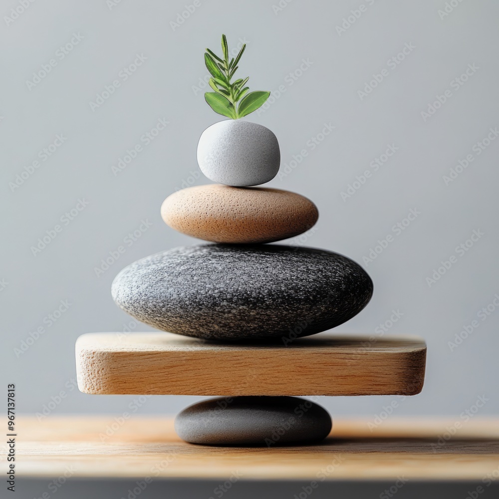 Wall mural A small plant sprouts from the top of a stack of stones balanced on a wooden platform.