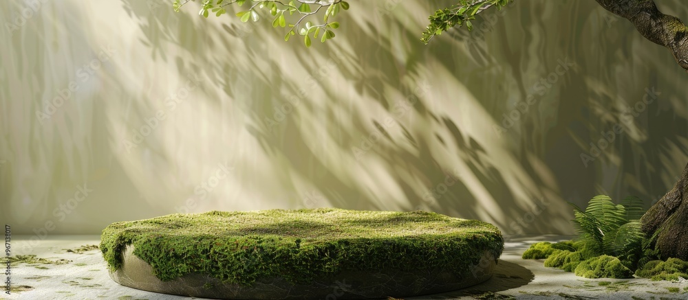 Aufkleber Ideal for showcasing beauty products against a moss covered stone podium with a soft beige backdrop complemented by tree shadows offering ample space for text or images
