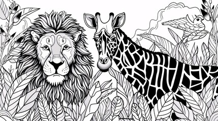 99. An engaging coloring page with a vector illustration of a lion and giraffe, showcasing detailed line work and fun elements, ideal for kids to color and enjoy
