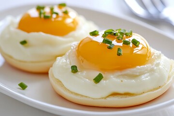 Elegant cloud eggs with fluffy whipped egg whites and runny golden yolks, garnished with fresh chives on a white plate