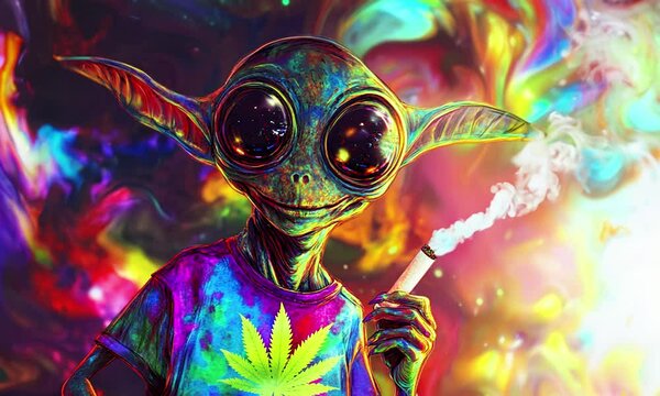 Alien smokes in a psychedelic space.
