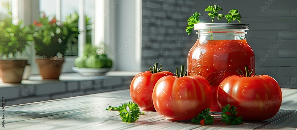 Poster table showcasing canned whole peeled tomatoes with juice and parsley including copy space image avai