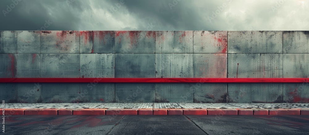Fototapete a rugged concrete wall built with small square blocks topped by a vibrant red metal strip under a da