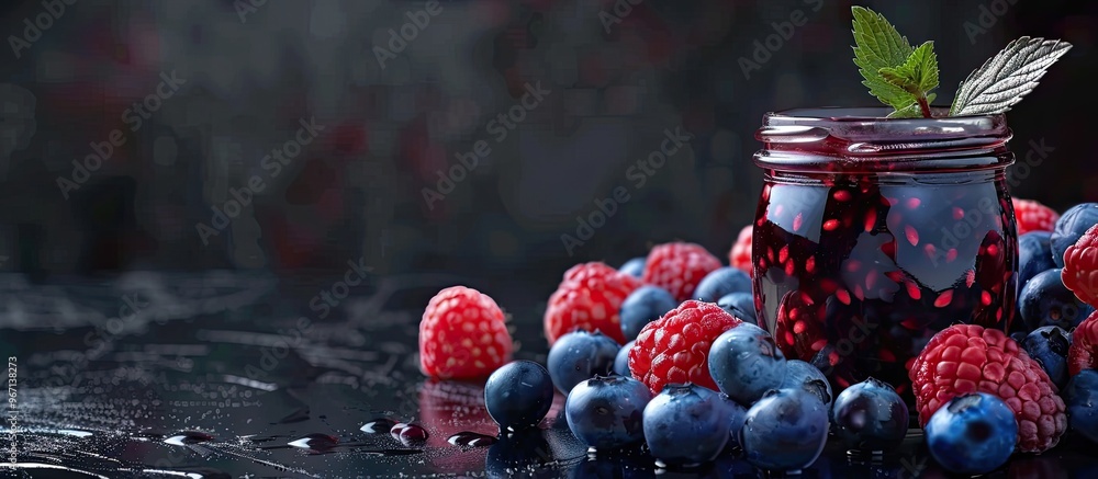 Poster a backdrop of black showcases blueberry jam and fresh berries with room for text or graphics. creati