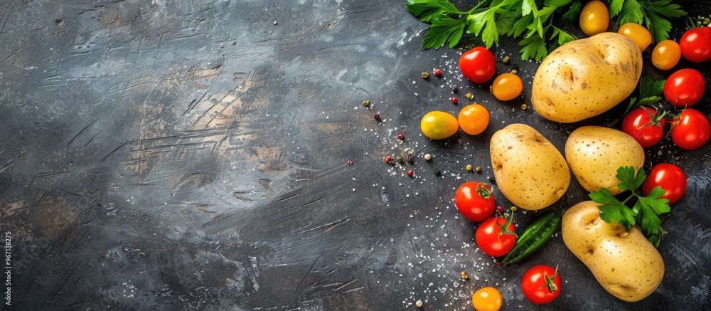 Aufkleber Fresh potato appetizer on a rustic table with copy space image for a top view food background