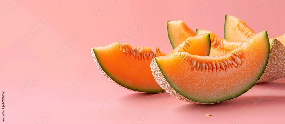 Aufkleber sweet melon slices on a pink backdrop with copy space image