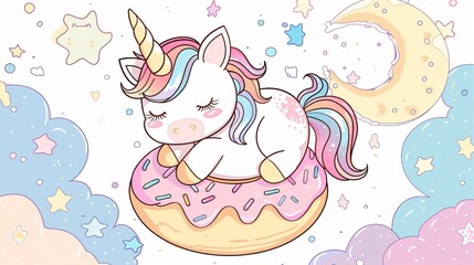 105. A cute baby unicorn pony hugging a donut in a kawaii style, presented as a detailed vector coloring page template with a color palette, perfect for children's coloring books and clothing designs