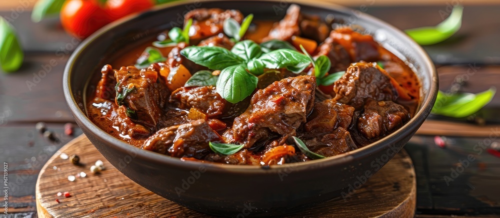 Poster beef goulash made at home garnished with basil sprigs in a copy space image