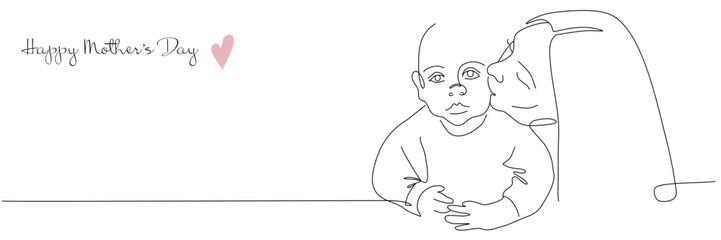 Vector one line art illustration of a new born baby and mother on white background. Mother kissing a baby. Lineart family portret for mother's day
