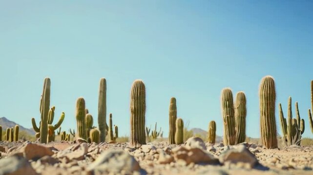 A desert landscape featuring tall cacti under a clear blue sky.