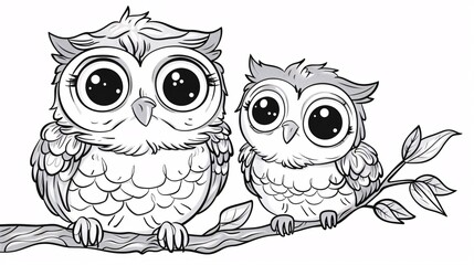 Obraz premium 116. A cute kawaii owl with its baby, designed as a cartoon character in a detailed vector illustration for a coloring page, perfect for kids and Mother's Day celebrations