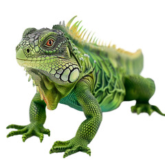 Fototapeta premium Detailed green iguana with vibrant scales posing against a neutral background during bright daylight