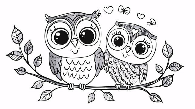 120. A whimsical vector illustration of a cute kawaii owl and baby, designed as a detailed coloring page for kids, ideal for celebrating Mother's Day with fun coloring activities