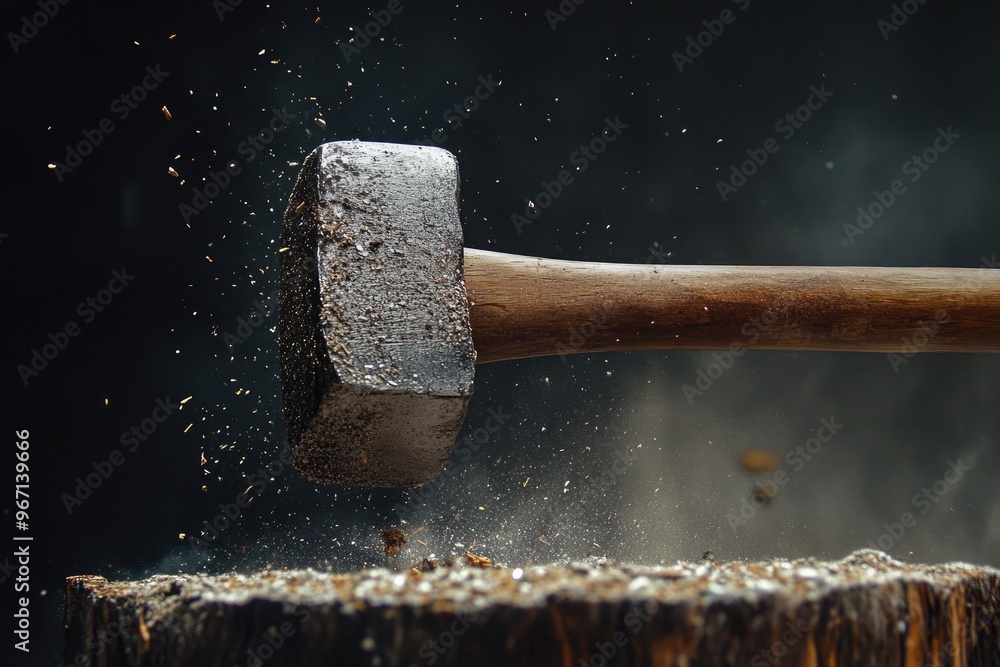 Poster Hammer Striking Wood with Dust and Splinters Flying