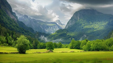 Obraz premium Beautiful landscape view of green summer forest with spruce and pine trees mountain, lake, river.