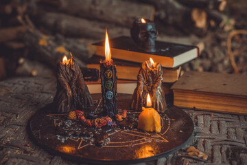Mystical scene with candles. Fate prediction. Halloween concept, details and décor for home