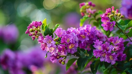 Obraz premium 3. Stunning purple Lagerstroemia Hybrid in full bloom surrounded by vibrant green foliage, highlighting the delicate texture of the crape myrtle petals and the natural beauty of the plant