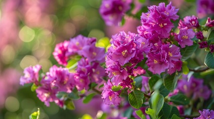 Obraz premium 3. Stunning purple Lagerstroemia Hybrid in full bloom surrounded by vibrant green foliage, highlighting the delicate texture of the crape myrtle petals and the natural beauty of the plant