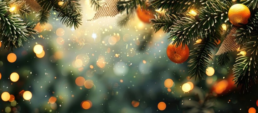 Festive holiday decoration with spruce branches glowing garlands burlap and oranges creates a Christmas and New Year backdrop Abstract texture with room for a message copy space image