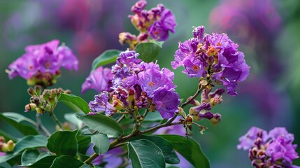 4. Majestic purple crape myrtle Lagerstroemia Hybrid flowers standing out against a rich green leaf backdrop, capturing the elegance and grace of this flowering plant