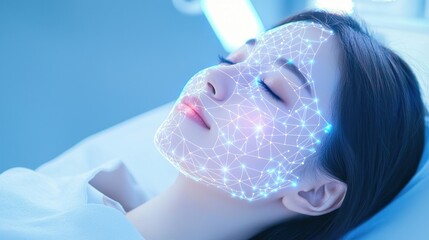 Young woman with illuminated facial mapping technology during advanced skin treatment session