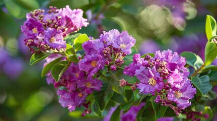 Obraz premium 6. Purple Lagerstroemia Hybrid flowers blooming amidst green leaves, with a focus on the intricate patterns and vibrant colors of the crape myrtle petals