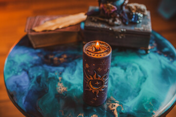 Mystical scene with candles. Fate prediction. Halloween concept, details and décor for home