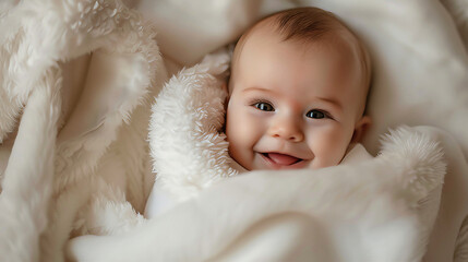Portrait of a newborn baby, child wrapped in fur. Smiling baby in a towel. Baby in a blanket