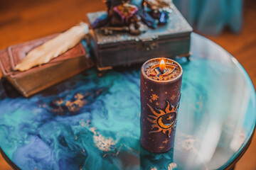 Mystical scene with candles. Fate prediction. Halloween concept, details and décor for home
