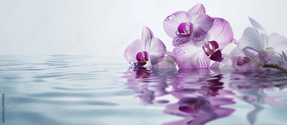 Poster Purple and white orchids set on a water surface ideal as a concept banner for spa products The serene image conveys a theme of mental relaxation and aromatherapy with copy space for text