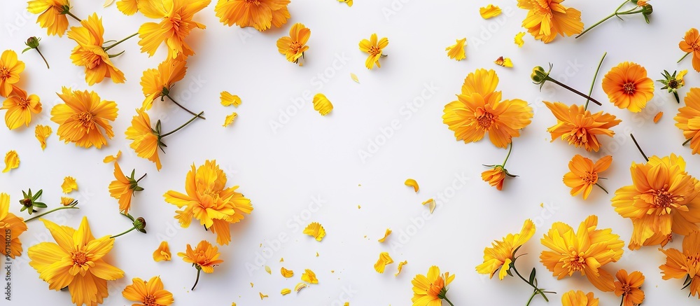 Poster close up of yellow flowers on white backdrop with copy space image available