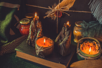 Mystical scene with candles. Fate prediction. Halloween concept, details and décor for home