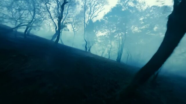 Fly-through a dark and spooky forest with twisted trees and eerie shadows, owls hooting in the distance, fog swirling around the trees. 