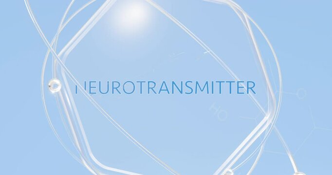 neurotransmitter inscription on hexagon with rotating electrons and atoms, symbol of signaling molecule, 3d render on blue background