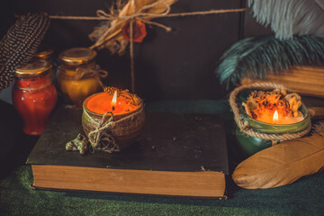 Mystical scene with candles. Fate prediction. Halloween concept, details and décor for home