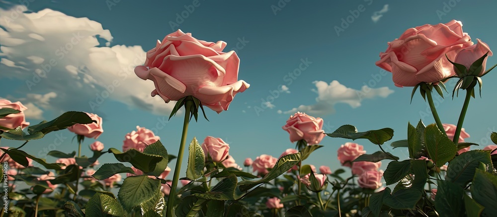 Poster parade roses blooming in a rose garden under a blue sky with a pink rose flower creating a captivati