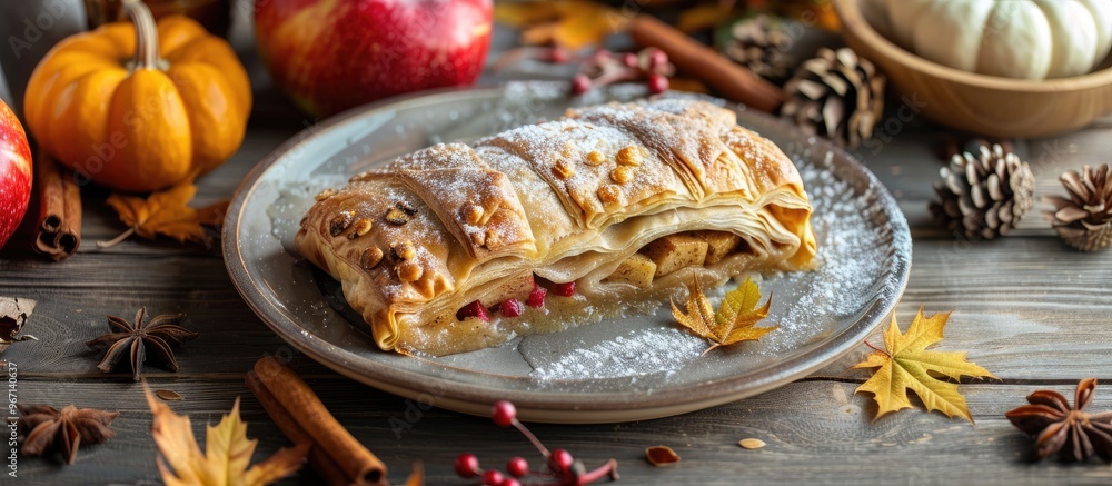 Poster apple strudel with autumn flavors arranged on a plate on a kitchen table offering a seasonal vibe ag
