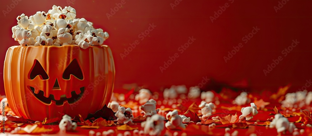Poster A Halloween themed picture featuring a pumpkin popcorn and red backdrop ideal for adding text or other elements copy space image