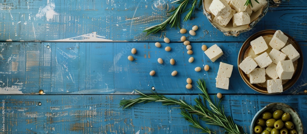 Fototapete flat lay composition with appetizing tofu soybeans olives and rosemary arranged on a blue wooden sur