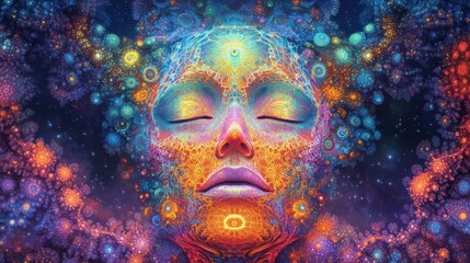 Illustrate an aerial scene of psychedelic fractal patterns transforming into a human face Abstract design, vibrant colors, digital art in high resolution