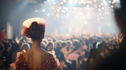A fashion show finale scene, featuring a model confidently walking down the catwalk runway. The event is vibrant, with spotlights illuminating the model, showcasing the latest fashion trends in a styl