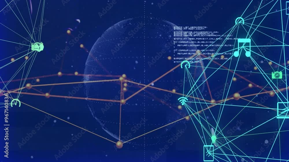 Poster animation of network of connections and data processing over globe