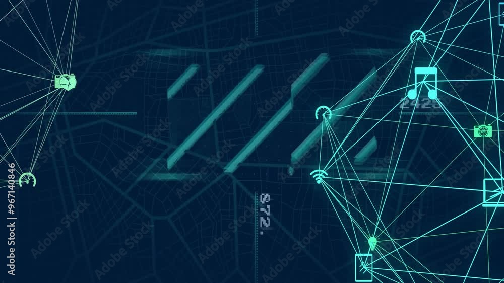 Poster animation of network of connections and data processing over globe