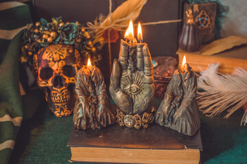 Mystical scene with candles. Fate prediction. Halloween concept, details and décor for home