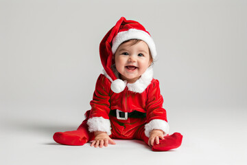 Cute baby dressed as Santa Claus sitting on a gray background.