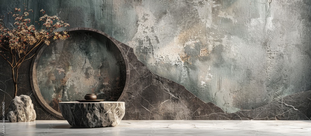 Poster backdrop featuring a podium with natural stone elements ideal for copy space image