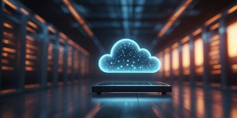 Glowing cloud symbol hovering over a futuristic server room illustrating the concept of cloud computing in the digital age.