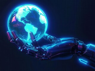 In a high-tech style, create a robotic hand holding a holographic globe, symbolizing AI dominance, with a blue neon glow, in a digital painting