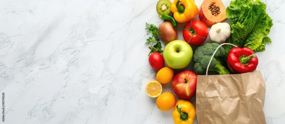 Aufkleber Fresh fruits and vegetables in a paper bag showcased on a white marble backdrop in a flat lay style perfect for adding text to the copy space image